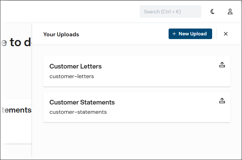 Starting a new upload configuration from the Your Uploads pane.